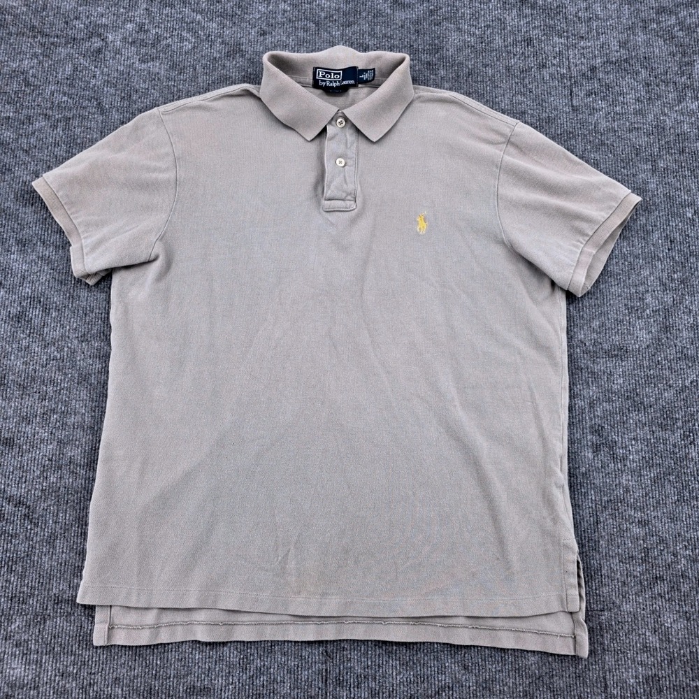 Polo Ralph Lauren Men L Gray Custom Fit Short Sleeve Pique Polo Yellow Pony